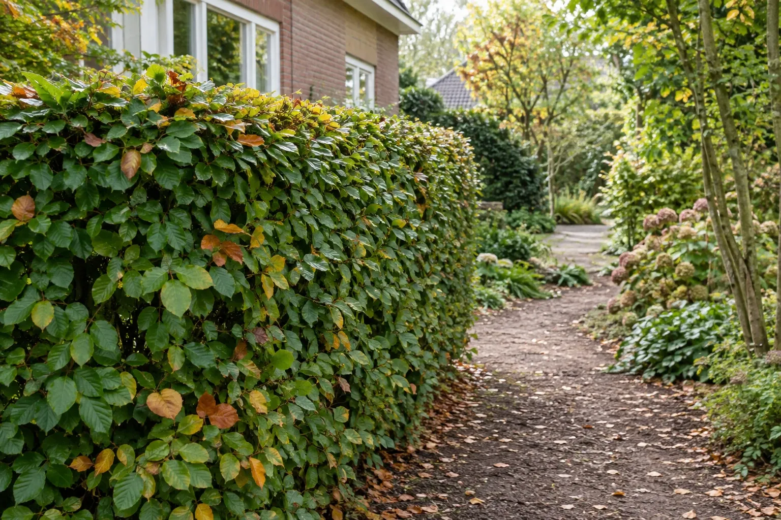 Net gesnoeide beukenhaag langs tuinpad in herfstige, rustige woonomgeving