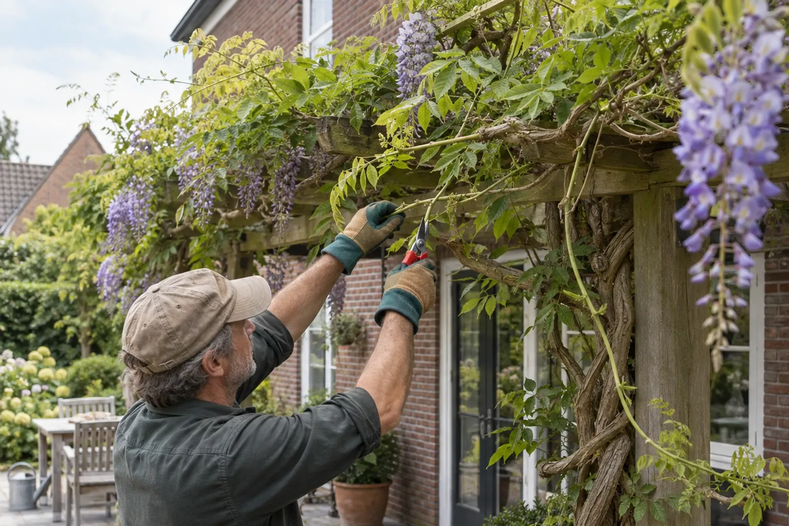 Man met handschoenen snoeit bloeiende blauwe regen aan houten pergola in tuin