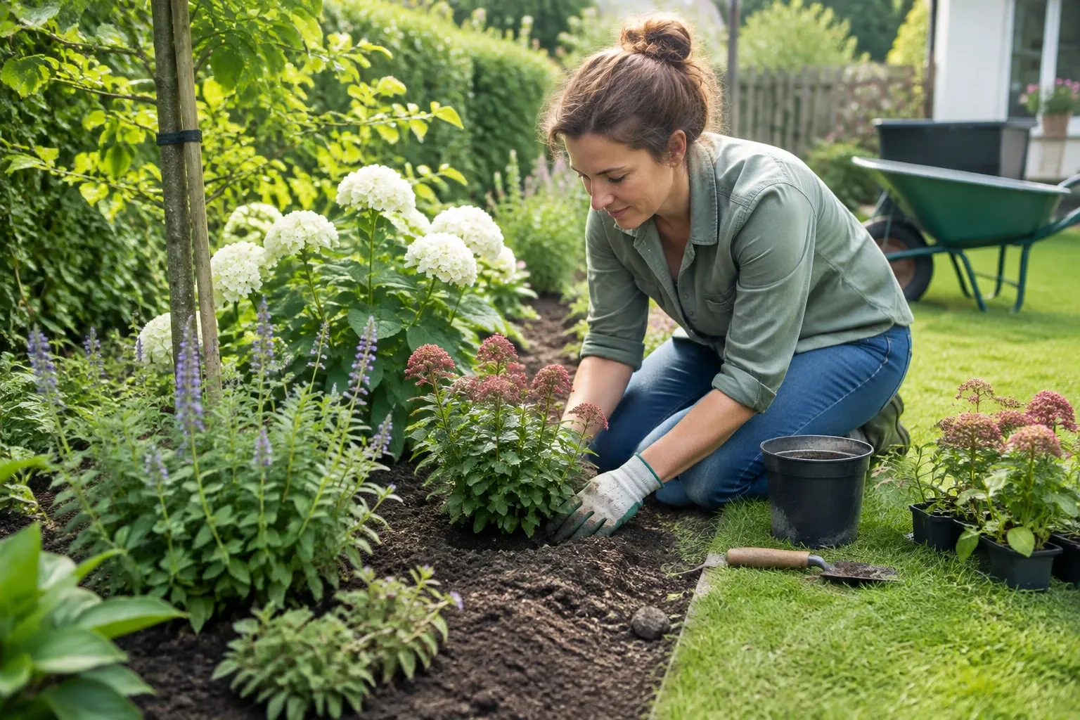 Vrouw knielt in tuin en plant sedum en hortensia's in border, tuingereedschap naast haar