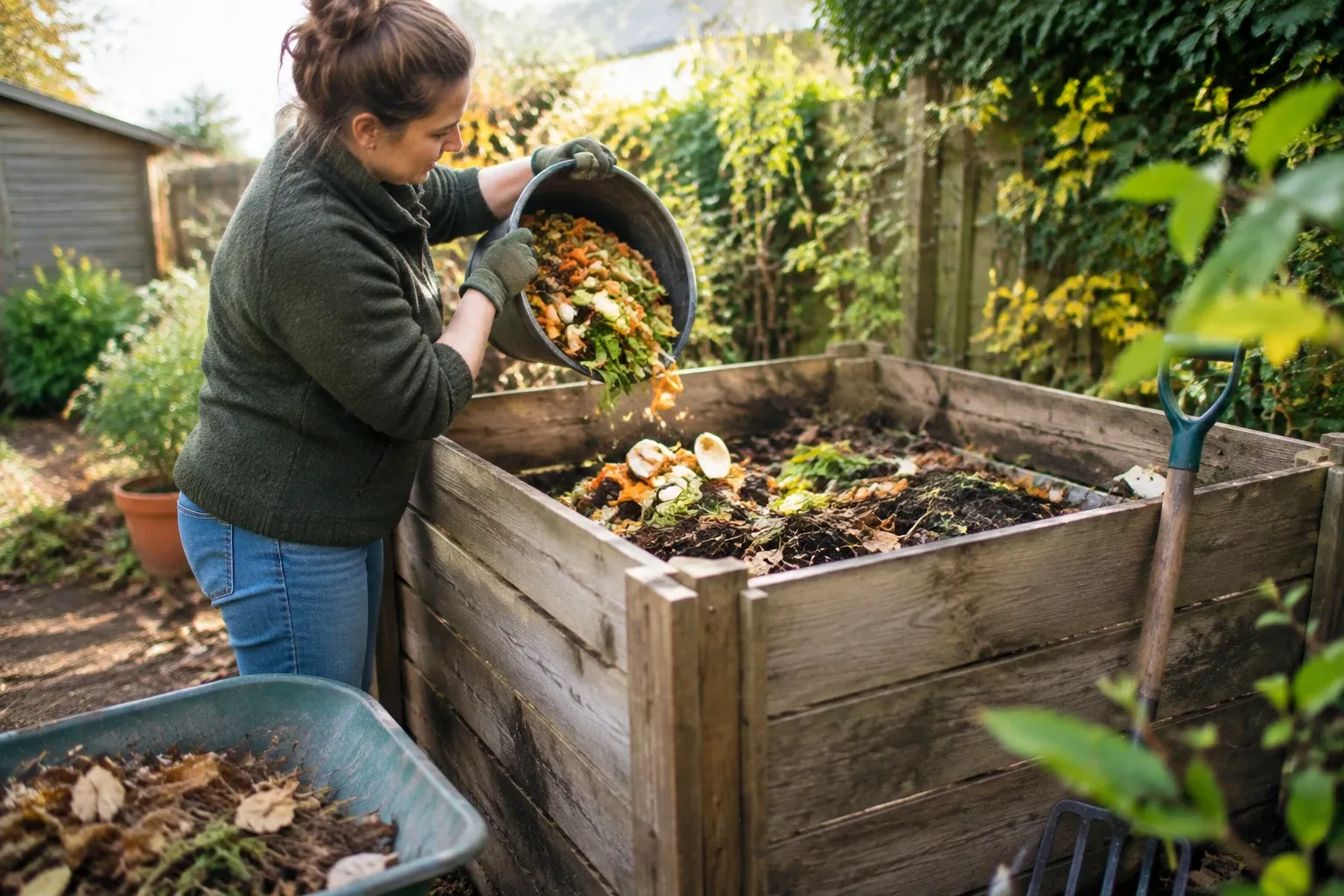 Vrouw giet keukenafval in houten compostbak in zonnige achtertuin