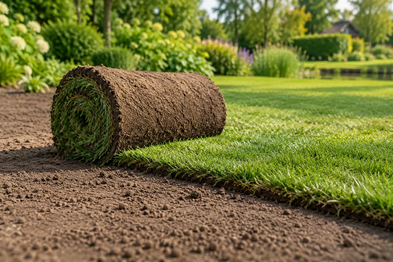 Opgerolde graszode op kale aarde naast net uitgerolde strook fris groen gras