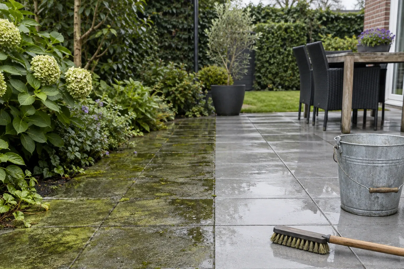 Tegels met groene aanslag links, schrobborstel en emmer op schoon terras rechts