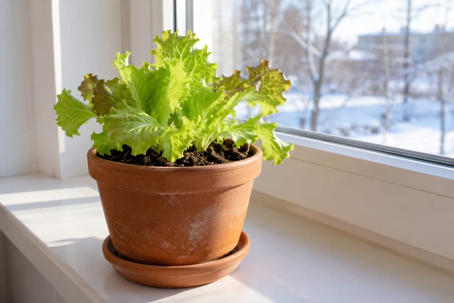 Kleine krop sla in terracotta pot op vensterbank met sneeuwlandschap buiten