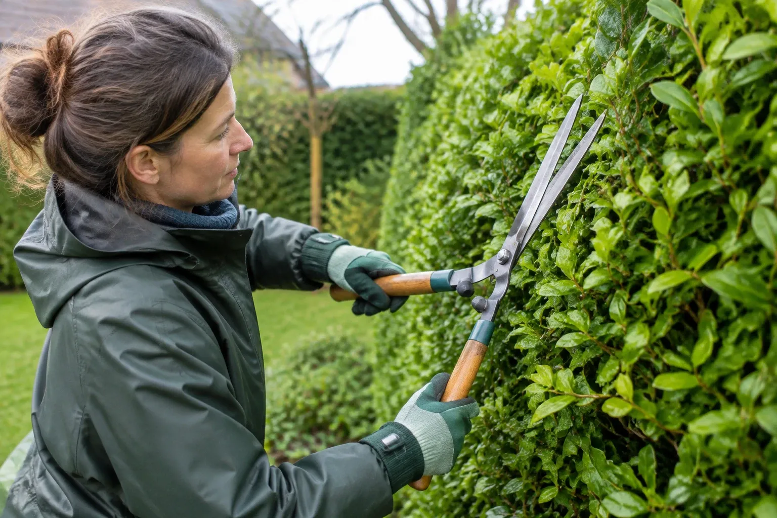 Vrouw met handschoenen snoeit dichte groene haag met steelheggenschaar in tuin