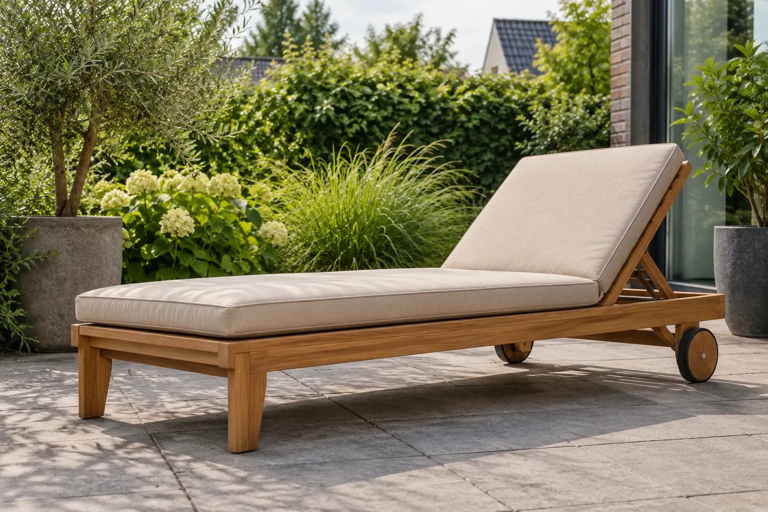 Houten ligbed met beige kussen op zonnig terras tussen groene planten