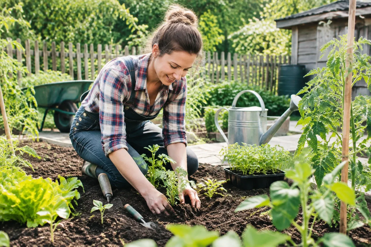 Vrouw knielt in moestuin en plant jonge plantjes naast gietijzeren gieter