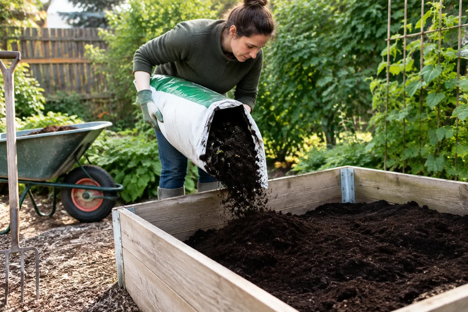 Vrouw stort potgrond uit zak in houten moestuinbak in zonovergoten achtertuin