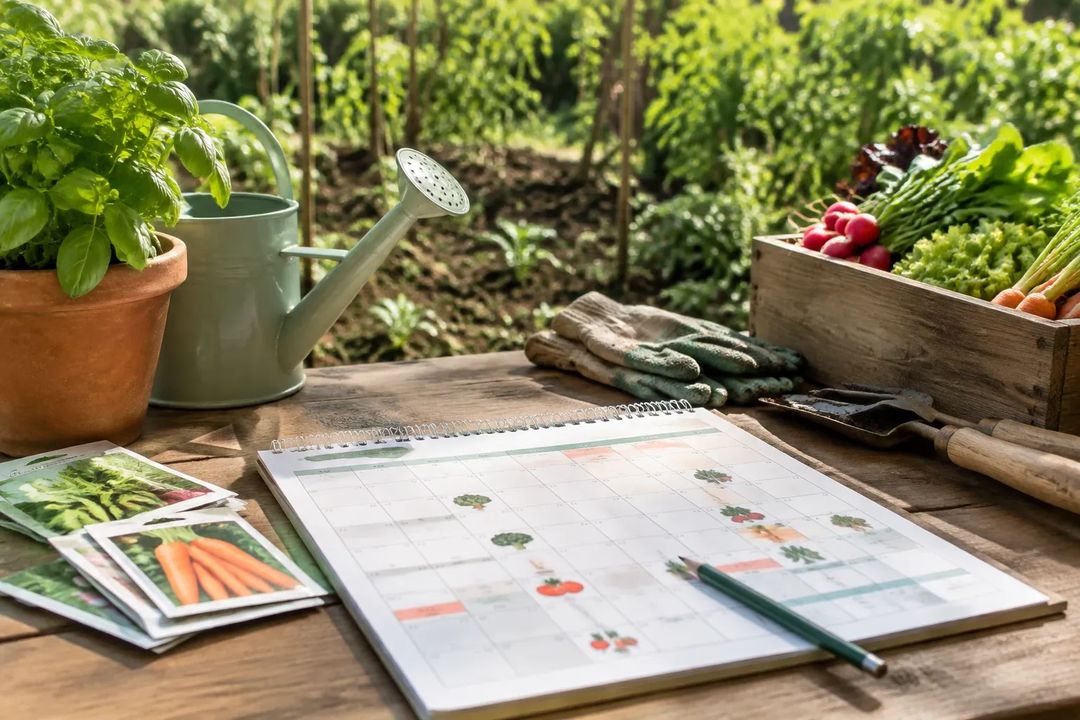 Moestuinplanning met kalender, zaadzakjes, gieter, tuinhandschoenen en verse groenten