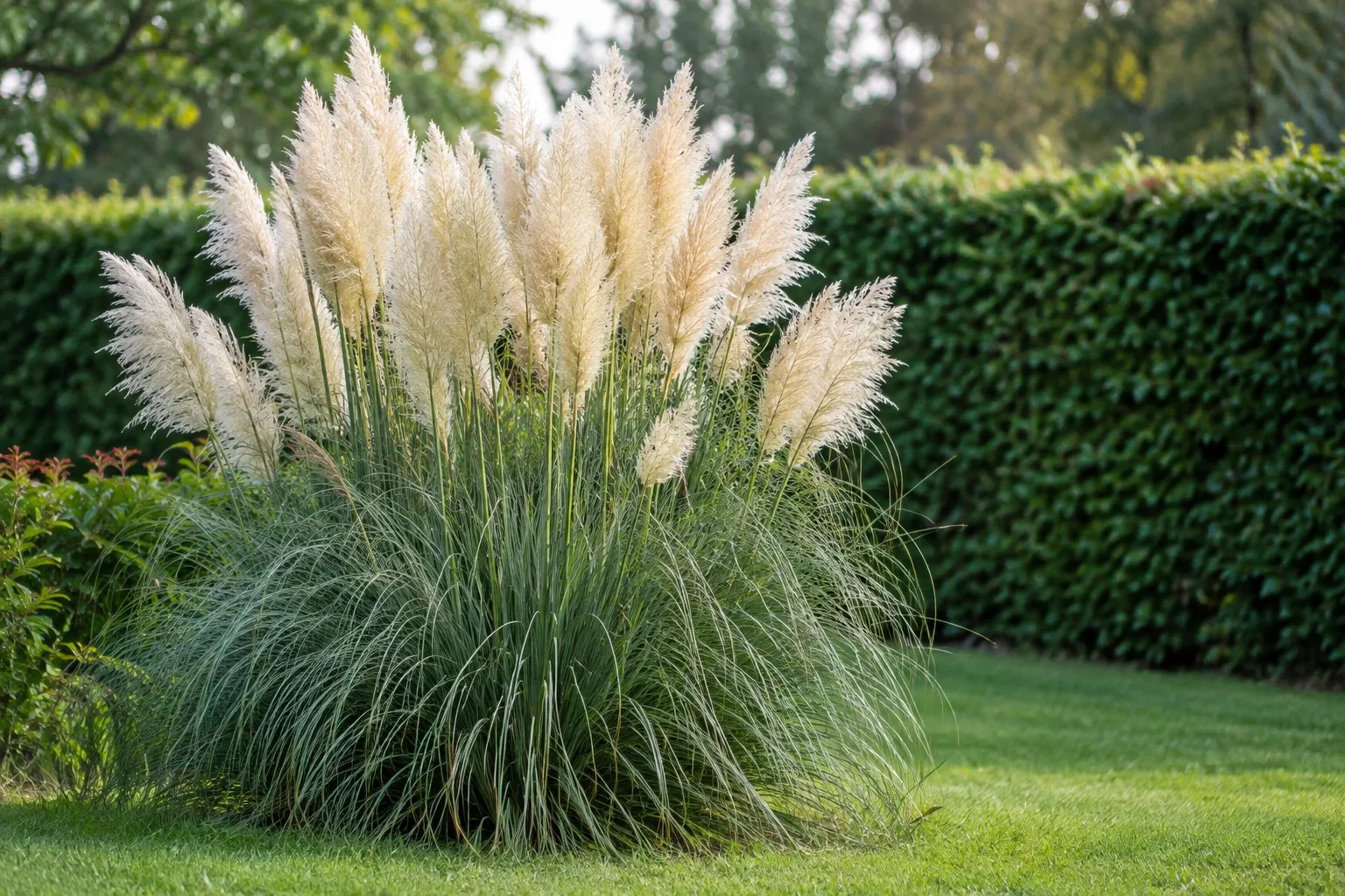 Pampasgras met grote witte pluimen in groene tuin, zonnige achtergrond, goed gevormde pollen