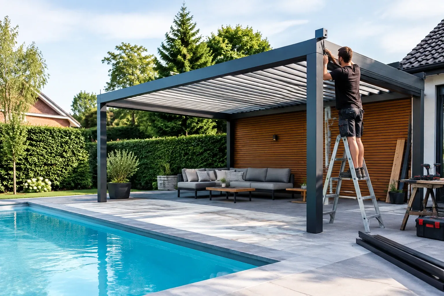 Man op ladder monteert moderne metalen pergola naast zwembad, loungehoek en groen tuinachtergrond