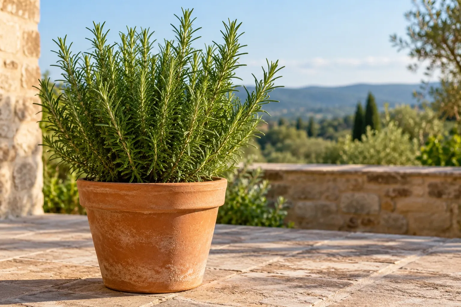Rozemarijnplant in terracotta pot op zonnig betegeld terras met heuvelachtig landschap