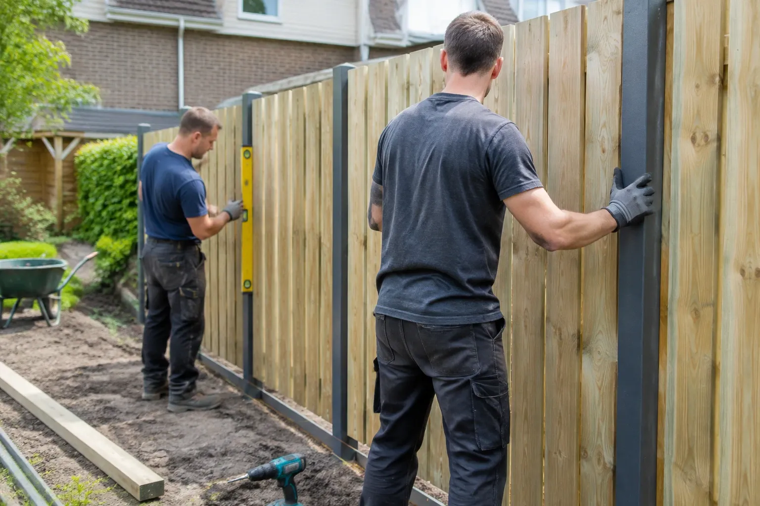 Twee mannen plaatsen houten schuttingpanelen tussen metalen palen in tuin