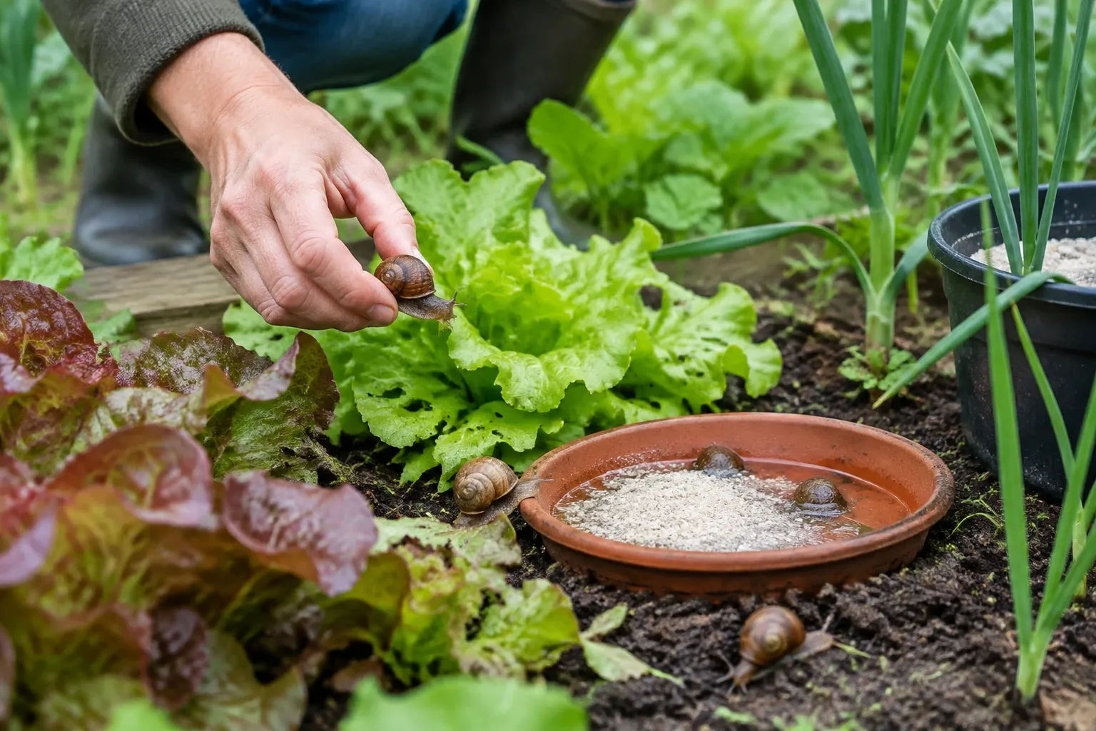 Hand plukt slak van kropsla; kleischotel met lokaas en meerdere slakken in moestuin