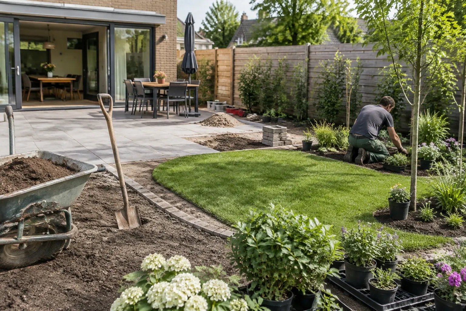Man knielt en plant groenblijvende struiken bij nieuw aangelegd gazon en terras