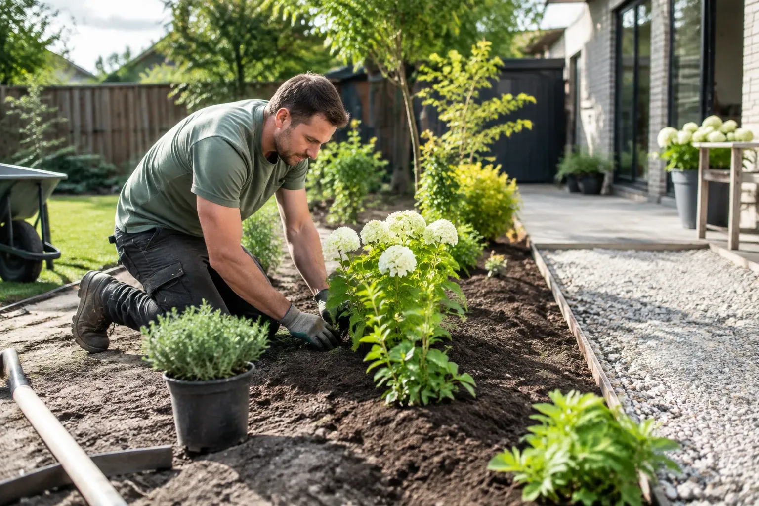 Man knielt in tuin en plant hortensia's in vers omgespitte border naast huis