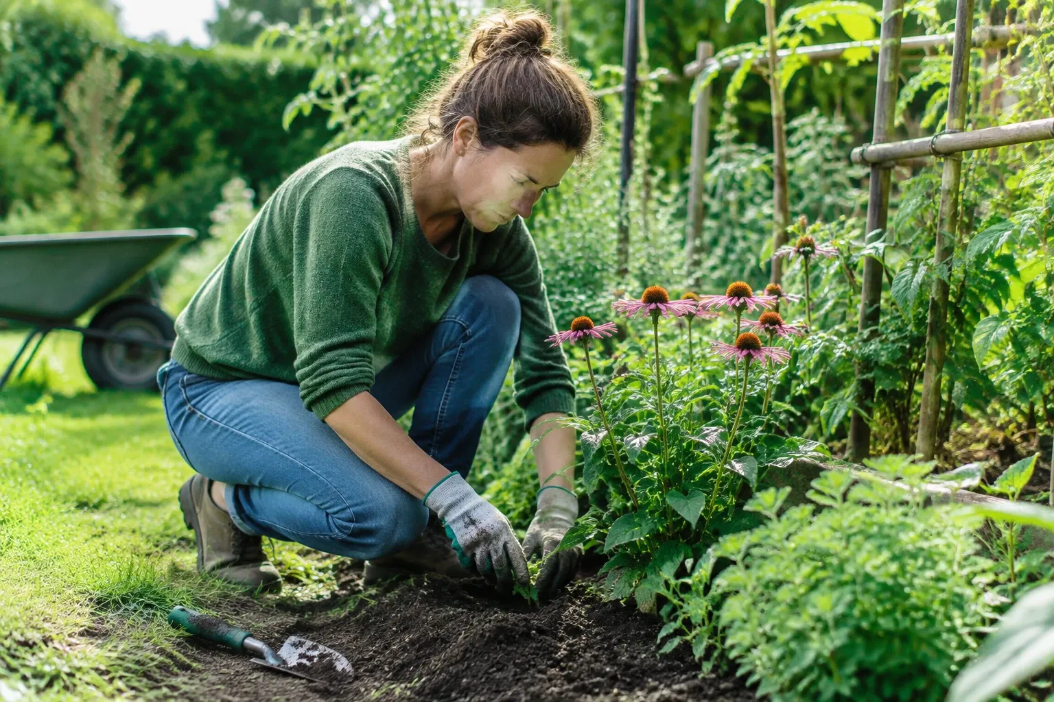 Vrouw knielt in zonovergoten tuin en plant jonge vaste planten bij border